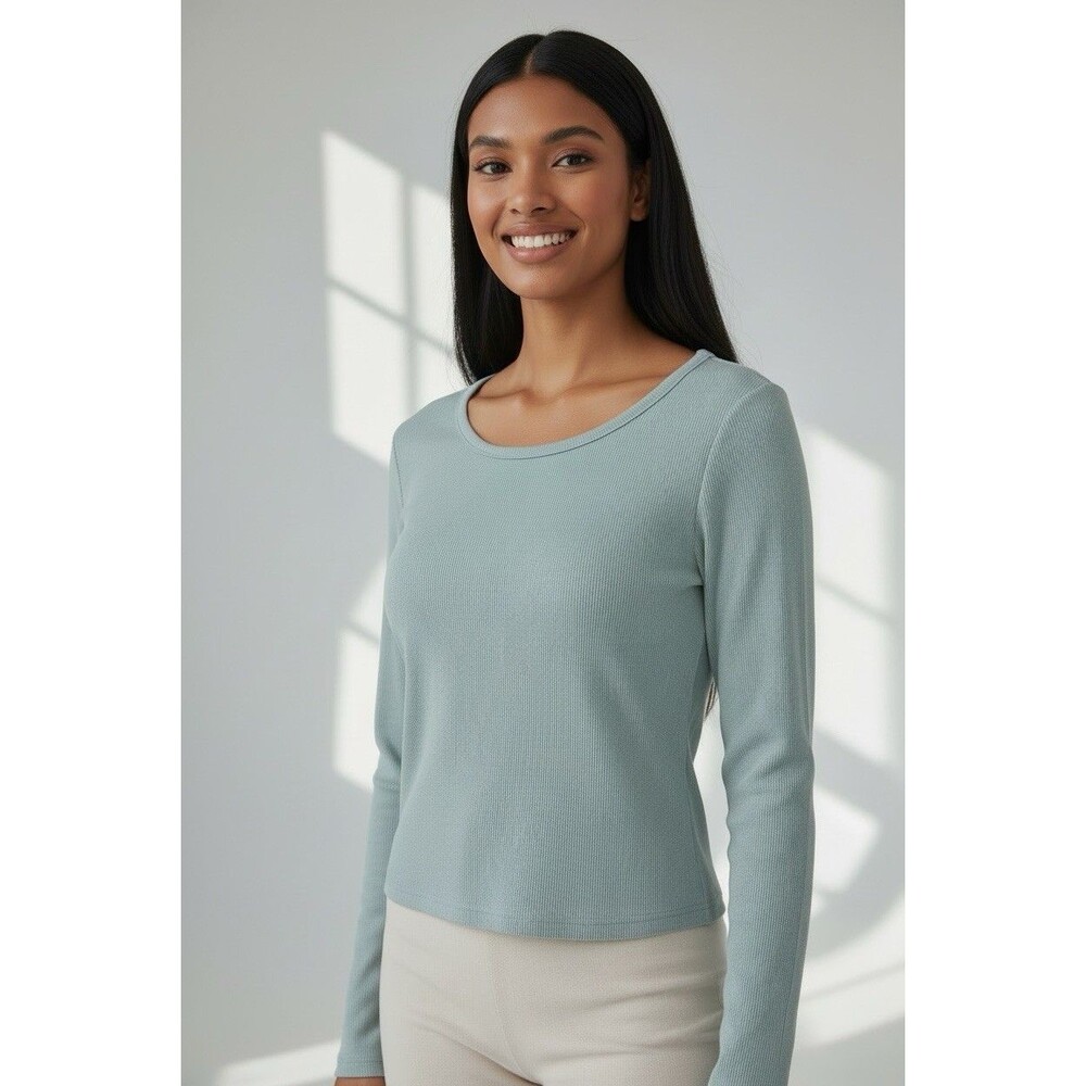 Pact NEW womens ribbed long sleeve mint organic cotton stretch top XL luxury